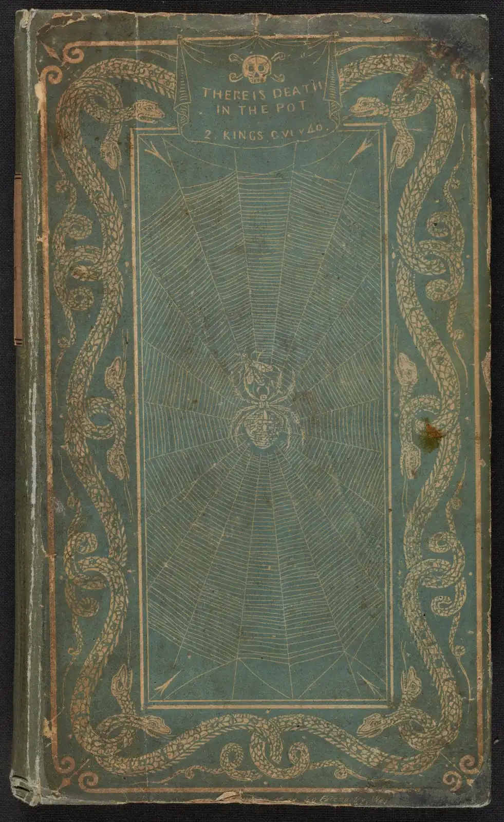 Worn green cover of an 1820 book, an ornate gilt border framing a small skull device.